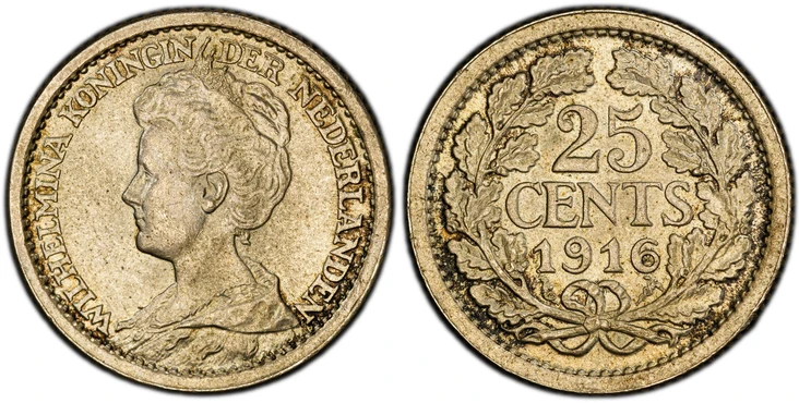 1085757 NETHERLANDS. Wilhelmina I. 1916 AR 25 Cents. PCGS MS65.  Edge: Reeded. Bust left, legend / Value within wreath. KM 146; Sch.-866.

Please use this link to verify the PCGS certification number <a href="http://www.pcgs.com/cert/53091381/">53...