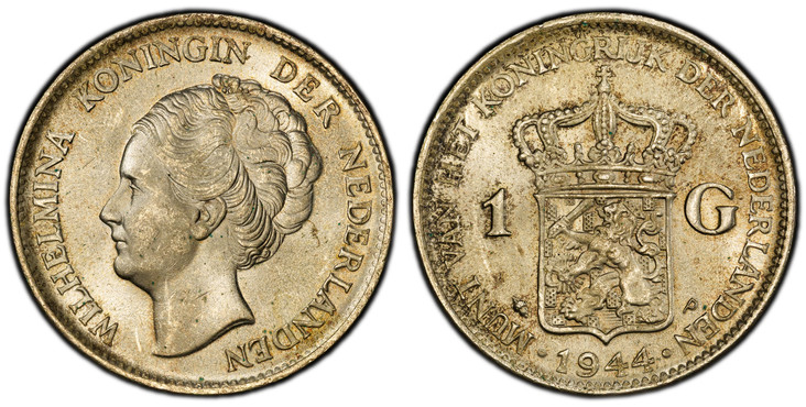 1085758 NETHERLANDS. Wilhelmina I. 1944-(Acorn) P AR Gulden. PCGS MS65.  Edge: GOD * ZIJ * MET * ONS *. Ends below truncation. Head left / Crowned arms. KM 161.1; Sch.-1055A.

Please use this link to verify the PCGS certification number <a href="h...