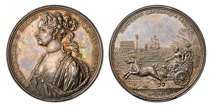 1084777 Poland. 1719 AR Medal. NGC MS62.  By O. Hamerani. 48mm. 48.10gm. CLEMENTINA • M • BRITAN • FR • ET • HIB • REGINA •. Draped bust, left / FORTVNAM • CAVSAMQVE • SEQVOR// DECEPTIS • CVSTODIBVS •/ •MDCCXIX•. Clementina hurriedly departing in ...