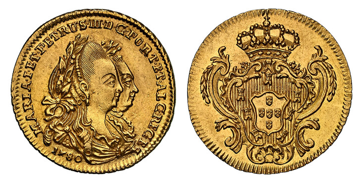 1086488 PORTUGAL. Maria I and Pedro III. 1780 AV 1/2 Escudo, 800 Reis. NGC MS63.  Lisbon. MARIA · I · ET · PETRUS III · ... Coinjoined busts right / Crowned arms in cartouche. KM 269; Fr.-110.

Please use this link to verify the NGC certification ...