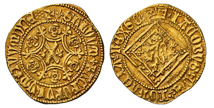 1086615 SCOTLAND. James I. (King, 1406-1437). (1406-1437) ND-(Crown) AV Demy (9 shillings). NGC AU55.  Edinburgh. 3.33gm. xIACOBVS DE IGRACIA REX SCxx (lis stops). Crown above rampant lion within lozenge / +SALVVM FAC POPVLVM TVVM DNE[ (lis stops)...