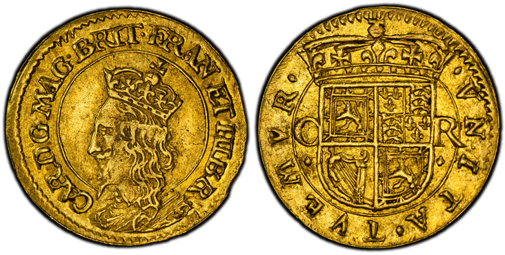 1086624 SCOTLAND. Charles I. (King, 1625-1649). (1637-42) AV Halfcrown. PCGS AU53.  By Nicolas Briot. Edinburgh. 1.20gm. B below crowned bust, left / Crowned arms. KM 49; S-5539.

Third coinage.

Please use this link to verify the PCGS certificati...