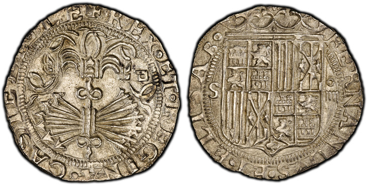 1083497 SPAIN. Ferdinand and Isabel. (King and Queen, 1474-1504). (1497-1504)-S D AR 4 Reales. NGC MS63.  Seville. 32.5mm. 13.71gm. FERNANDVS : ET ELISABET ·. Crowned coat-of-arms; S to left, O/IIII (mark of value) to right / + REX · ET · REGINA ·...
