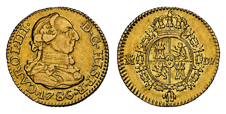 1086380 SPAIN. Charles III. 1786-M DV AV 1/2 Escudo. NGC AU55.  Madrid. CAROLUS  III · D · G · HISP · R ·. Bust right / Crowned oval shield in collar of The Golden Fleece. KM 425.1; Calicó 1280; Fr.-290.

Please use this link to verify the NGC cer...
