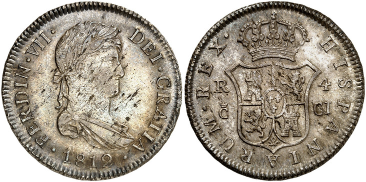1085911 SPAIN. Ferdinand VII. 1812-(Crowned C) CI AR 4 Reales. NGC MS61.  Cadiz. 13.28gm. FERDIN · VII · DEI · GRATIA ·. Laureate draped bust right / HISPANIARUM · REX ·. Crowned arms of Castile and Leon. KM 476.1; Calico 703.

Currently the fines...