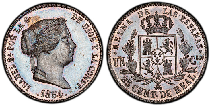 1085844 SPAIN. Isabel II. 1854-(Aqueduct) CU 25 Centimos. PCGS PR64BN (Brown).  Segovia. ISABEL 2... Laureate head right / REYNA DE LAS... Crowned arms within wreath. KM 615.2.

Please use this link to verify the PCGS certification number <a href=...