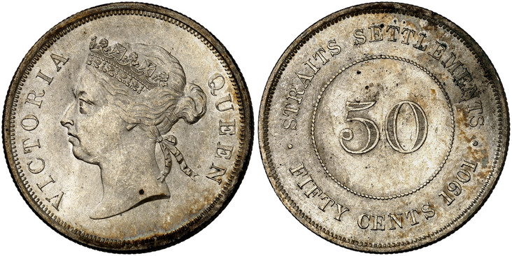 1085914 STRAITS SETTLEMENTS. Victoria. (Queen, 1837-1901). 1901 AR 50 Cents. NGC MS64.  London. 13.50gm. VICTORIA QUEEN. Crowned head left / STRAITS SETTLEMENTS. Value within beaded circle. KM 13; Primore 29.
Currently the finest known at NGC as o...