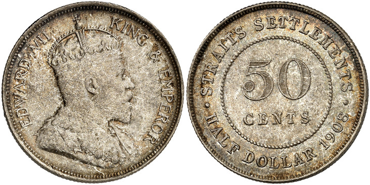 1085915 STRAITS SETTLEMENTS. Edward VII. (King, 1901-1910). 1908 AR 50 Cents. NGC MS62.  By G.W. DeSaulles. London. 28mm. 10.10gm. Crowned bust right / Value within beaded circle. KM 24; Pridmore 34.

Please use this link to verify the NGC certifi...