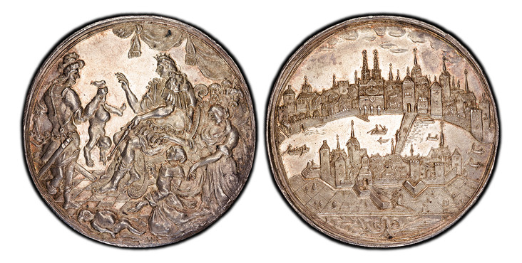 1086587 SWISS CANTONS. Basel. (c.1675) ND AR Medal. PCGS MS62.  51mm. Solomon seated on throne, preceded by three elders, all facing solider holding naked infant / City view. SM-1199; Wunderly-2187 .

The Judgement of Solomon.
Housed in an oversiz...