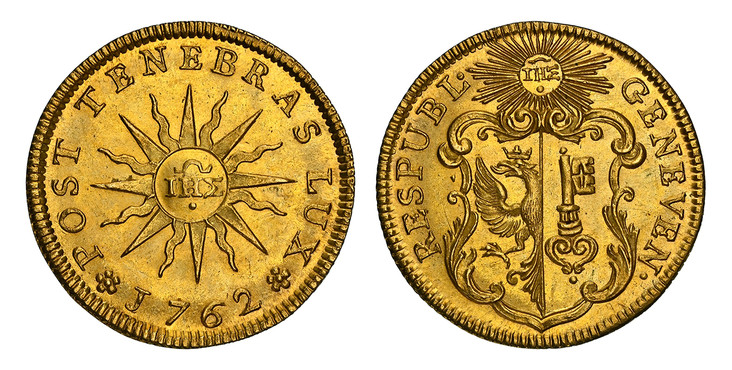 1085451 SWISS CANTONS. Geneva. 1762 AV Pistole. NGC MS65+.  5.61gm. GENEVEN · RESPUBL. Ornate arms, IHS in sun above / POST TENEBRAS LUX. IHS in center of sun. KM 77; Fr.-262; D.T. 1005g; HMZ 2-338g.

Please use this link to verify the NGC certifi...