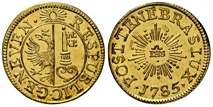 1085455 SWISS CANTONS. Geneva. 1788 Gilt CU 2 Quarts (1/2 Sol oder 6 Deniers). NGC UNC Details Edge filing.  Genf. 1.27gm. GENEVEN RESPUBLIC. Arms within circle, sun above / POST TENE BRAS LUX J785. IHS in center of sun. Richter (Proben) 1-397; HM...