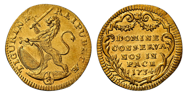 1085461 SWISS CANTONS. Zurich. 1734 AV 1/2 Ducat. NGC MS62.  1.71gm. RESPUBLICÆ TICURINÆ ·. Oval arms of Zurich supported by rampant lion at right / DOMINE / CONSERVA / NOS IN / PACE ·. Inscription, date within ornamented cartouche. KM 139; Fr.-48...