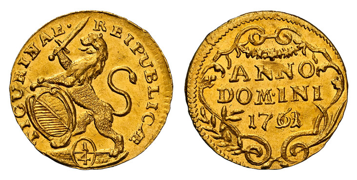 1085442 SWISS CANTONS. Zurich. 1761/58 AV 1/4 Ducat. NGC MS62.  0.88gm. RESPUBLICÆ TICURINAE ·. Oval arms of Zurich supported by rampant lion at right / ANNO/DOMINE, date within cartouche. KM 138; Fr.-488; D.T. 416y. HMZ 2-1163ff.

Please use this...