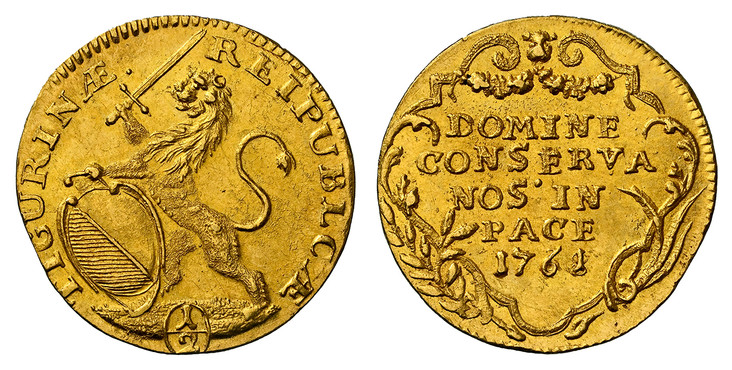 1085462 SWISS CANTONS. Zurich. 1761/58 AV 1/2 Ducat. NGC MS64.  1.72gm. RESPUBLICÆ TICURINÆ ·. Oval arms of Zurich supported by rampant lion at right / DOMINE / CONSERVA / NOS IN / PACE ·. Inscription, date within ornamented cartouche. KM 139; Fr....