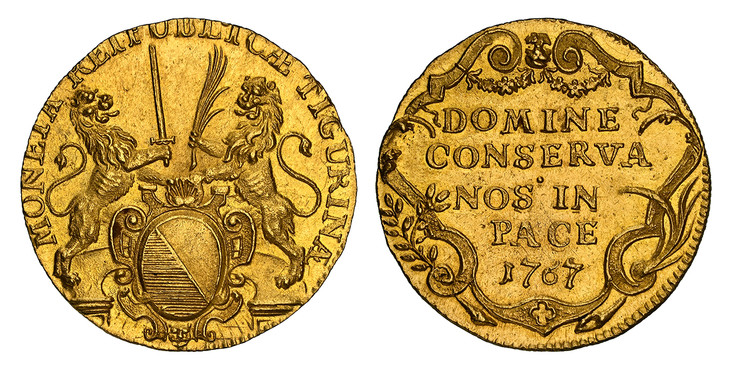 1085463 SWISS CANTONS. Zurich. 1767/61 AV 2 Ducats. NGC MS64.  6.88gm. MONETA REIPUBLICÆ TIGURINÆ. Oval arms of Zurich in baroque frame, supported by rampant lions / DOMINE / CONSERVA / NOS IN / PACE. Inscription, date within ornamented wreath. KM...