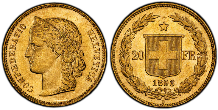 1085276 SWITZERLAND. 1896-B AV 20 Francs. PCGS MS65.  Edge: DOMINUS ★★★PROVIDEBIT ★★★★★★★★★★. 21mm. 6.4516gm. CONFOEDERATIO HELVETICA. Crowned head left / Shield divides value, star above, date below, all within wreath. KM 31.3; Fr.-495.

Please u...