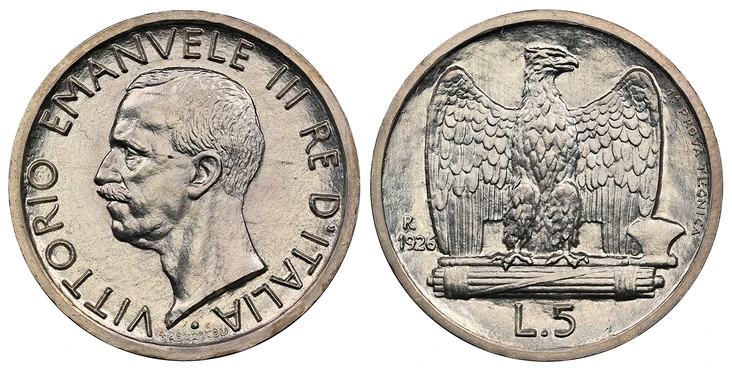 1082018 ITALY. Vittorio Emanuele III. 1926-R AR Pattern 5 Lire. NGC MS67.  Rome. Edge: *FERT*. Head left / Eagle with open wings standing on fascis. KM Pr38 (cf. KM 67.1); Pagani 226 (Prova Technica); Montenegro 213.

Currently the finest known at...