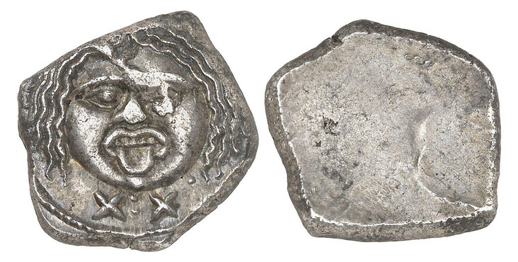 1087462 GREEK. ETRURIA. Populonia. Struck circa 3rd Century BC. AR Didrachm of XX (20 Asses). NGC AU (About Uncirculated) Strike 4/5 Surface 4/5.  21mm. 8.31gm. Facing head of Medusa (Gorgon) with tongue outstretched denomination X:X below / (Plai...