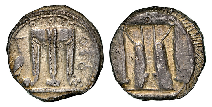 1086742 GREEK. BRUTTIUM. Croton or Kroton. Struck circa 480-430 BC. AR Stater. NGC AU (About Uncirculated) Strike 5/5 Surface 5/5.  21mm. 7.44gm. Tripod altar, heron at left / Incuse altar. S-256; BMC 1, 18.
Ex. Heritage World Coin Auctions, Long ...