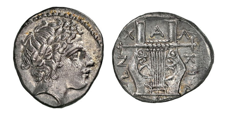 1086743 GREEK. MACEDONIA. Olynthus (Olynthos). Chalcidian League. Struck circa 432-348 BC. AR Tetrobol. NGC MS (Mint State) Strike 5/5 Surface 4/5.  15mm. 2.41gm. Wreathed head of Apollo facing / ΧΑΛΚΙΔΕΩΝ. Cithara (harp) in a linear square. SNG A...