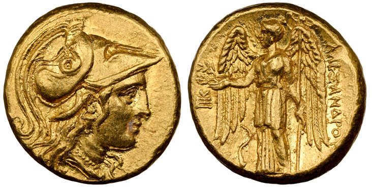 1084599 GREEK. KINGDOM OF MACEDON. Alexander III, 'the Great'. (King, 336-323 BC). Early posthumous issue, struck circa 323-318/7 BC. AV Stater. NGC AU (About Uncirculated) Strike 4/5 Surface 4/5.  Sardes. 17mm. 8.57gm. Head of Athena right wearin...