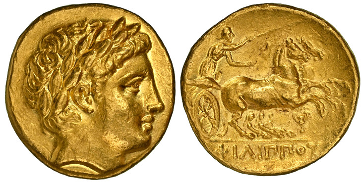 1086295 GREEK. KINGDOM OF MACEDON. Philip II. (King, 359-336 BC). Lifetime to early posthumous issue, struck 340-328 BC. AV Stater. NGC Ch. XF (Choice Extremely Fine) Strike 5/5 Surface 4/5.  Pella. 19mm. 8.57gm. Laureate head of Apollo right / ΦΙ...