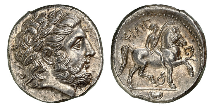 1086879 GREEK. KINGDOM OF MACEDON. Philip II. (King, 359-336 BC). Early posthumous issue. AR Tetradrachm. NGC MS✭ (Mint State ✭) Strike 5/5 Surface 5/5.  Pella. 18mm. 14.33gm. Head of Zeus right, wearing laurel wreath / ΦΙΛΙΠ−ΠΟΥ (FILP−POU). Nude ...