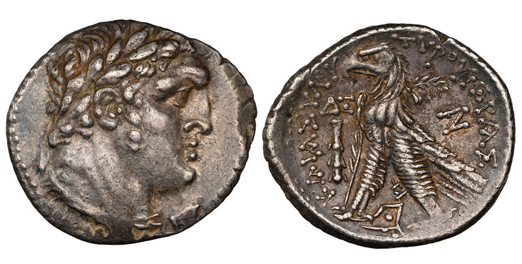 1085553 GREEK. PHOENICIA. Tyre. Struck 126/5 BC - circa 65/6 AD. AR Shekel. NGC Ch. XF (Choice Extremely Fine) Strike 5/5 Surface 4/5.  31mm. 14.34gm. Laureate bust of Melkart right, lion skin around neck / ΤΥPΟΥ ΙΕΡΑΣ-ΚΑΙ ΑΣΥΛΟΥ. Eagle standing l...