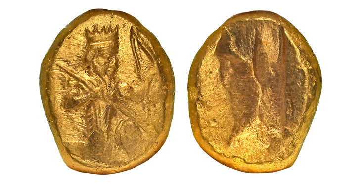 1086748 CENTRAL ASIAN. ACHAEMENID EMPIRE. Persia. Darios I - Xerxes II. (Circa 485-420 BC). Struck circa 5th Century BC. AV Daric. NGC UNC (Uncirculated)"Money of the Bible".  Sardes (Turkey). 16mm. Persian king or hero, wearing kidaris and kandys...