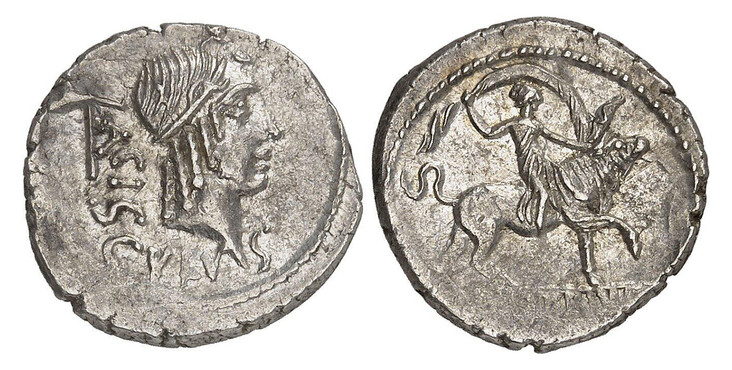 1087467 ROMAN REPUBLICAN.  Lucius Valerius Acisculus. Struck 45 BC. AR Denarius. NGC Ch. AU (Choice About Uncirculated) Strike 4/5 Surface 4/5.  Rome. 18mm. 3.50gm. ACISC-VLVS. Head of Apollo with hair bound by a headband; control mark behind head...