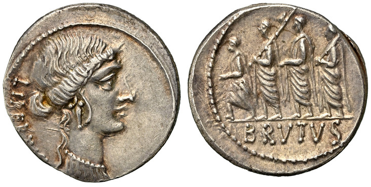 1083145 ROMAN IMPERATORIAL.  M. Junius Brutus. (d. 42 BC). Issued as moneyer, circa 54 BC. AR Denarius. NGC Ch. XF (Choice Extremely Fine) Strike 4/5 Surface 4/5.  Rome. 3.96gm. LIBERTAS. Head of Liberty right / BRVTVS. L. Junius Brutus walking in...