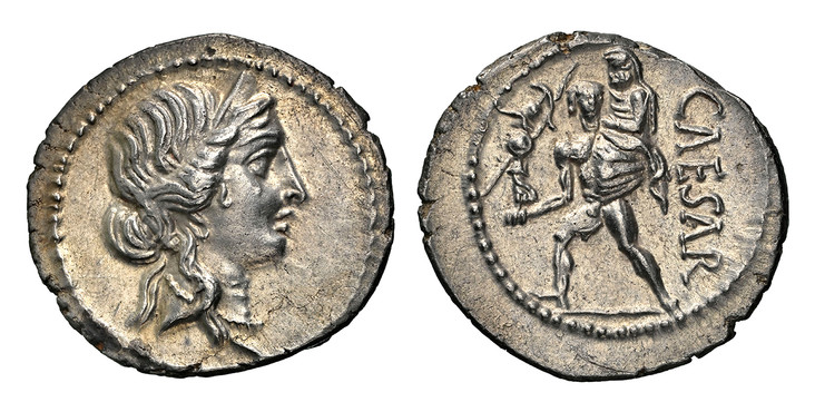 1084799 ROMAN IMPERATORIAL.  Julius Caesar. (Dictator, d. 44 BC). Struck circa 48-46 BC. AR Denarius. NGC Ch. AU✭ (Choice About Uncirculated ✭) Strike 5/5 Surface 4/5.  Military mint traveling with Caesar in North Africa. 3.89gm. Diademed head of ...