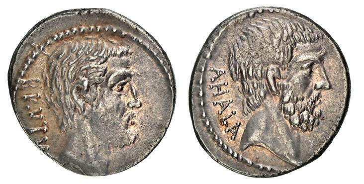 1086301 ROMAN IMPERATORIAL.  Q. Servilius Caepio. Struck circa 54 BC. Marcus Junius Brutus (Issue a Moneyer) AR Denarius. NGC Ch. XF (Choice Extremely Fine) Strike 4/5 Surface 5/5.  Rome. 3.71gm. BRVTVS. Bare head of L. Junius Brutus, right / AHAL...