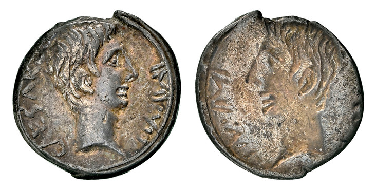 1086752 ROMAN IMPERATORIAL.  Octavian (Augustus). (Emperor, 27 BC-14 AD). Struck circa 29-28 BC. AR Quinarius. NGC Ch. VF (Choice Very Fine) Strike 3/5 Surface 4/5 Mint Error.  Uncertain mint. 14mm. 1.77gm. IMP – CAESAR. Head of Octavian right, sl...