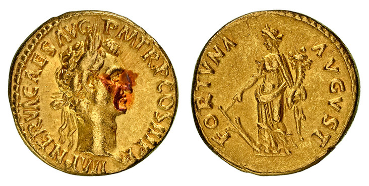 1084949 ROMAN IMPERIAL.  Nerva. (Emperor, 96-98 AD). Struck 97 AD. AV Aureus. NGC Ch. XF (Choice Extremely Fine) Strike 5/5 Surface 4/5.  Rome. 7.27gm. IMP NERVA CAES AVG P M TR P. Laureate bust, right / FORTVNA AVGVST. Standing figure of Fortuna ...