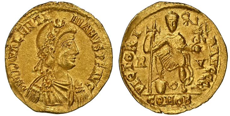 1086305 ROMAN IMPERIAL.  Valentinian III. (Western Roman Emperor, 425-455 AD). Struck circa 426-430 AD. AV Solidus. NGC MS (Mint State) Strike 4/5 Surface 5/5.  Ravenna. 4.40gm. D N P L VALENTI NIANVS P F AVG. Rosette-diademed, draped, and cuirass...