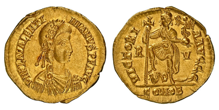1086754 BYZANTINE.  Valentinian III. (Western Roman Emperor, 425-455 AD). Struck 430-445 AD. AV Solidus. NGC Ch. AU✭ (Choice About Uncirculated ✭) Strike 5/5 Surface 5/5.  Ravenna. 20mm. 4.40gm. D N P L VALENTI NIANVS P F AVG. Rosette-diademed, dr...