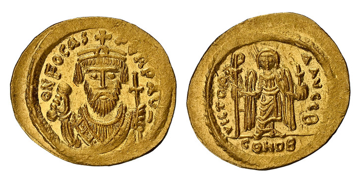 1083943 BYZANTINE.  Phocas. (Emperor, 602-610 AD). Struck 602-610 AD. AV Solidus. NGC Ch. MS (Choice Mint State) Strike 4/5 Surface 5/5.  Constantinople. 4.45gm. dN FOCAS – PERP AVG. Draped and cuirassed bust facing; wearing consular robes and cro...