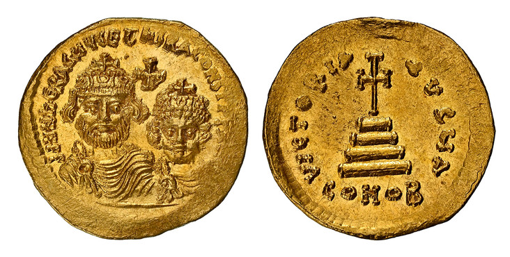 1084041 BYZANTINE.  Heraclius and Heraclius Constantine. (Co-Emperors, 613-641 AD). Struck 613-616 AD. AV Solidus. NGC MS✭ (Mint State ✭) Strike 4/5 Surface 5/5.  Uncertain eastern military mint. 20mm. 4.46gm. dd NN ҺЄRACLIЧS Єτ ҺЄRA CONST PP AVI....
