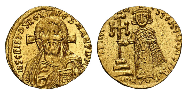 1087073 BYZANTINE.  Justinian II. (Emperor, first reign, 685-695 AD). Struck 668-685 AD. AV Solidus. NGC MS (Mint State) Strike 3/5 Surface 5/5.  Constantinople, 1st officina. 4.46gm. d N IhS ChS REX RGNANTIXM. Bust of Christ facing, raising hand ...
