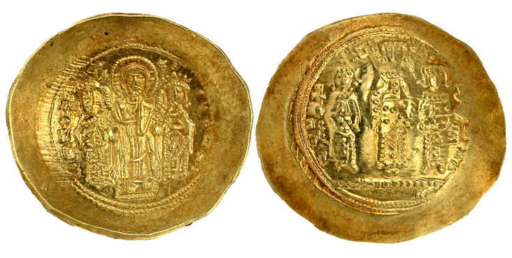 1084803 BYZANTINE.  Romanus IV. (Emperor, 1068-1071 AD). (1068-1071) ND. AV Histamenon Nomisma. NGC Ch. AU (Choice About Uncirculated) Strike 5/5 Surface 5/5.  Constantinople mint. 25mm. 4.38gm. + RwMAN' EVDOKIA//  IC - XC. Christ standing on foot...