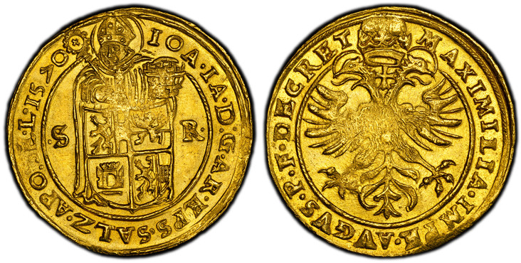 1085318 AUSTRIAN STATES. Salzburg. Johann Jakob Khuen of Belasi. (Archbishop, 1560-1586). 1570 AV 2 Ducats. PCGS MS63.  6.97gm. IOA · IA · D:G · AR · EPS · SALZ · APO · SE · LE ·. Standing figure of saint, holding salt cellar and crozier, behind 4...