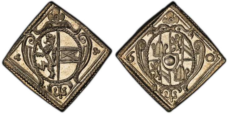 1085325 AUSTRIAN STATES. Salzburg. Wolfgang Dietrich of Raitenau. (Archbishop, 1587-1612). 1603 AR Klippe Rechenpfennig ("Counting Penny"). PCGS MS65.  2.87gm. Oval shield of arms / Oval shield of Salzburg arms. Probszt 905; Zöttl 1077 (Type 1).

...