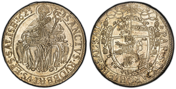 1085326 AUSTRIAN STATES. Salzburg. Paris von Lodron. (Archbishop, 1619-1653). 1623 AR Thaler. PCGS MS63.  28.11gm. Ornate oval shield below a cross and a cardinal's hat / Saint Ruppert sitting 3/4 left with crozier and saltbox. . KM 61; Dav.-3497;...
