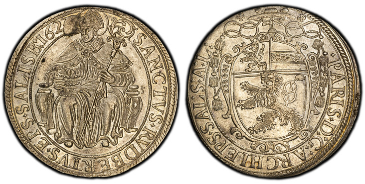 1085327 AUSTRIAN STATES. Salzburg. Paris von Lodron. (Archbishop, 1619-1653). 1623 AR Thaler. PCGS MS62.  27.84gm. Ornate oval shield below a cross and a cardinal's hat / Saint Ruppert sitting 3/4 left with crozier and saltbox. . KM 61; Dav.-3497;...