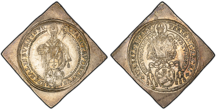 1085328 AUSTRIAN STATES. Salzburg. Paris von Lodron. (Archbishop, 1619-1653). 1638 AR Klippe 1/4 Thaler. PCGS MS61.  7.22gm. Madonna and child above shield of arms in inner circle / Haloed St. Rupert standing with globe and crozier; denomination a...