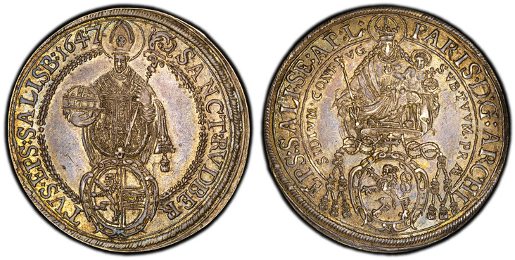 1085949 AUSTRIAN STATES. Salzburg. Paris von Lodron. (Prince-Archbishop, 1619-1653). 1647 AR Thaler. PCGS MS62.  41.5mm. 28.66gm. Madonna above shield of arms / St. Rupert standing facing. KM 87; Dav.-3504; Probstz 1266; HZ 1498.
Includes original...