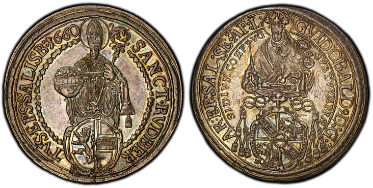 1085950 AUSTRIAN STATES. Salzburg. Guidobald von Thun and Hohenstein. (Bishop and Principal Commissar of the Reichstag, 1654-1668). 1660 AR Thaler. PCGS MS62.  41.3mm. 28.77gm. GVIDOBALD 9 D:G:AR:EP:SAL:SE:AP:L. Madonna with child standing above c...