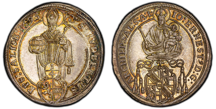 1086640 AUSTRIAN STATES. Salzburg. Johann Ernst. 1695 AR 1/4 Thaler. PCGS MS65.  Madonna and Child above shield of arms in inner circle / St. Rupert above value and arms in inner circle, date in legend. KM 282.

Please use this link to verify the ...