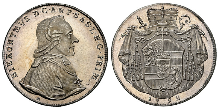 1087263 AUSTRIAN STATES. Salzburg. Hieronymus von Colloredo. (Prince-Archbishop of Salzburg, 1772-1803). 1792 M AR Thaler. NGC MS64PL (Prooflike).  HIERONVMVS .... Bust right / Cardinal's hat above mantled shield, crown above, date below. KM 465; ...
